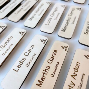 Personalized wooden name tag engraved with name