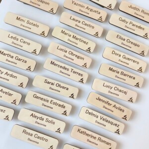 Personalized wooden name tag with engraved text
