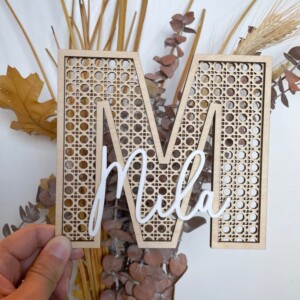 baby name announcement sign with rattan wood letter and acrylic name