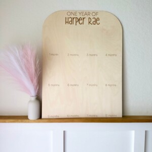 Custom engraved baby name on one year photo board 4x6