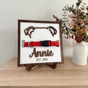 Lifestyle image of personalized dog collar memorial frame