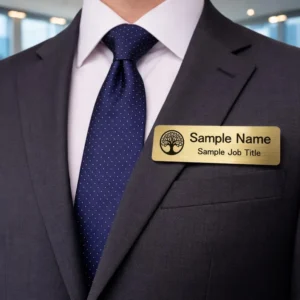 Front view of custom magnetic name tag with engraved name and job title