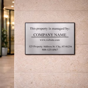 Front view of custom property management sign with business name and contact details