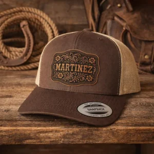 Front view of personalized cowboy buckle patch trucker hat with engraved name